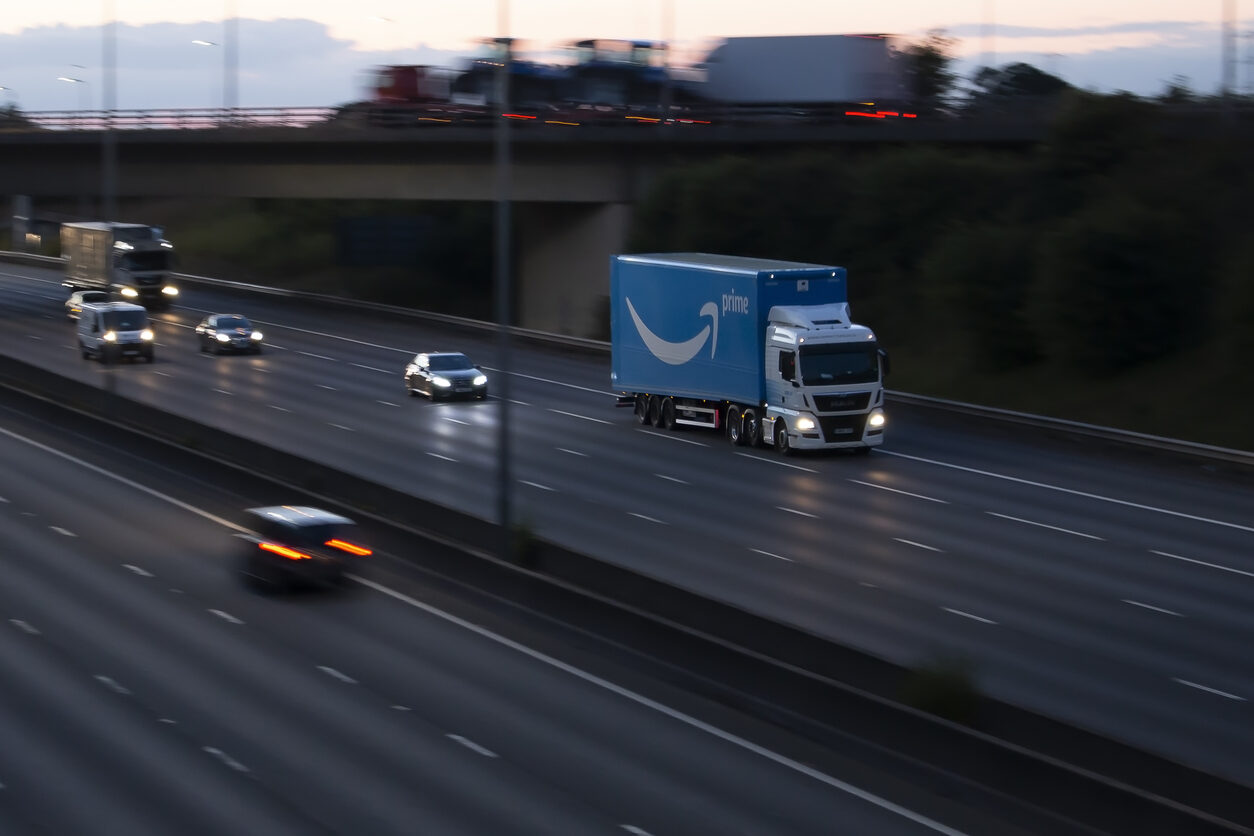 amazon truck running on the road